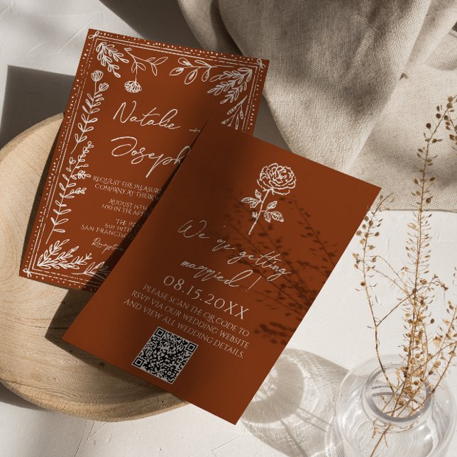 Convite Floral Burnt Orange Terracotta QR Code Wedding (Criador carregado)
