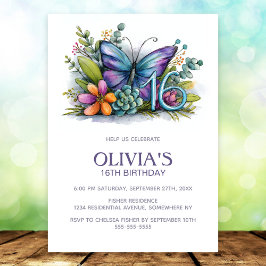 Convite Floral Butterfly Blue Purple 16th Birthday Party