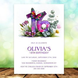 Convite Floral Butterfly Purple Pink 16th Birthday Party