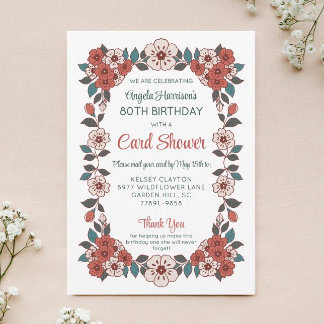 Convite Floral Card Shower 80th Birthday Invitation (Criador carregado)