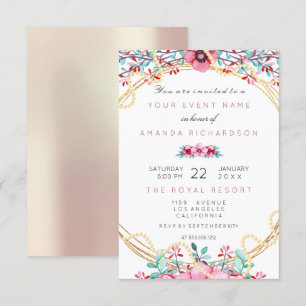 Convite Floral Casamento Aniversário Dourado Pérolas Rosa 