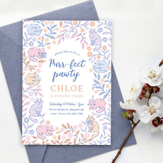 Convite Floral Cat Birthday Invitation, Girls Cat Party 