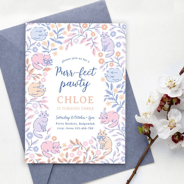 Convite Floral Cat Birthday Invitation, Girls Cat Party  (Criador carregado)
