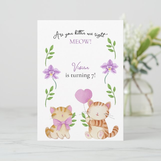 Convite Floral Cat Kids Birthday Party (Em pé/Frente)