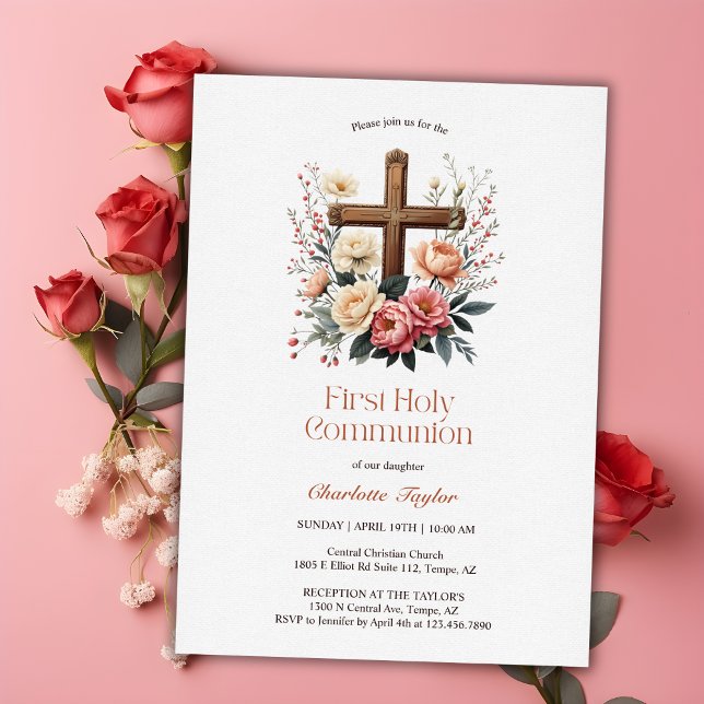 Convite Floral Católica Cruz Primeira Comunhão Sagrada (Floral Catholic Cross First Holy Communion Invitation)