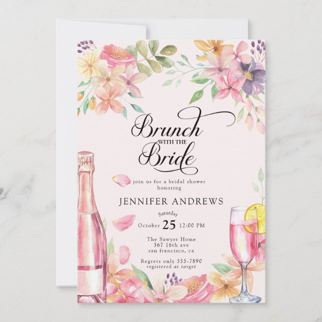 Convite  Floral Champagne | Bridal Shower Brunch (Frente)