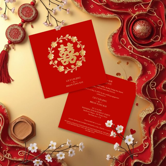 Convite  Floral Charming Glitter Chinese Double Happiness (Charming Glitter Effect Floral Chinese Double Happiness Symbol Wedding Engagement Party Invitation.)
