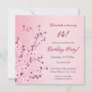 Convite Floral Cherry Blossomo Rosa Brilhante Aniversário
