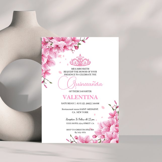 Convite Floral Cherry Blossoms Rosa primavera Quinceañera (Criador carregado)