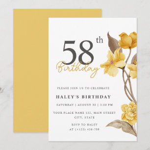 Convite Floral Chic Elegant Simple Yellow 58º aniversário