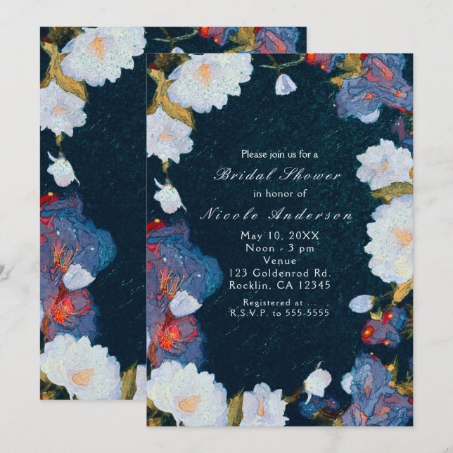 Convite Floral Chic Moderno Elegante Azul e Branco (Frente/Verso)
