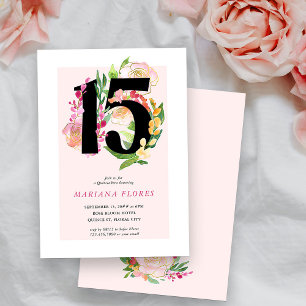 Convite Floral Chic Número 15 Quinceanera Rosa e Dourado