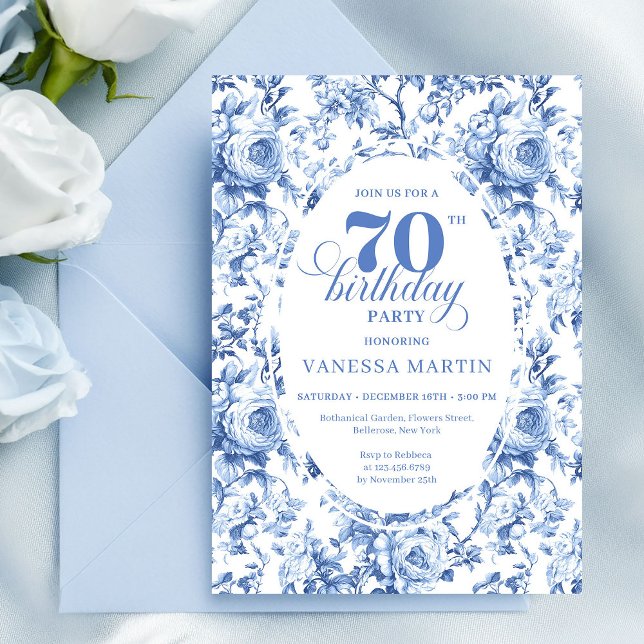 Convite Floral Chic para o 70º Aniversário Navy Ro (Navy Roses 70th Birthday Chic Floral Invitation)