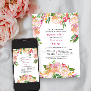 Convite Floral Chic Rosa e Dourado Quinceanera e Missa