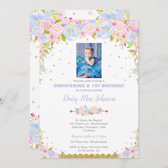 Convite Floral Christening primeiro aniversario Girl (Frente/Verso)