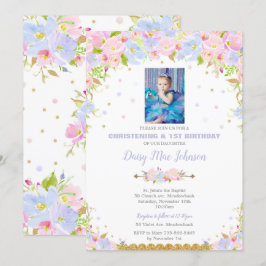 Convite Floral Christening primeiro aniversario Girl