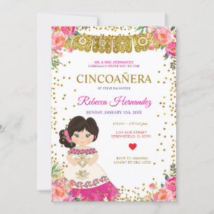 Convite Floral CINCOAÑERA Royal Rosa, mexicano