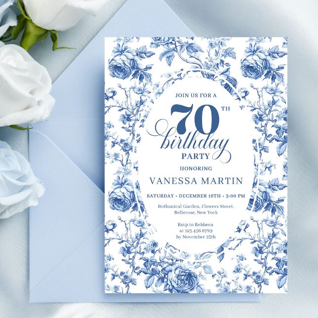 Convite Floral Clássico Azul Marinho para 70º Aniv (Navy Blue 70th Birthday Classic Floral Invitation)