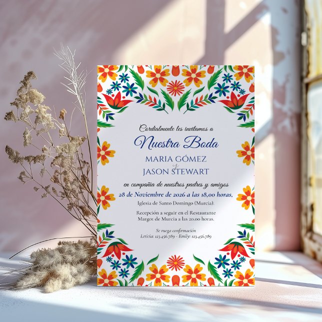 Convite Floral Colorful Botanical Flowers Spanish Wedding (Floral Colorful Botanical Flowers Spanish Wedding Invitation)