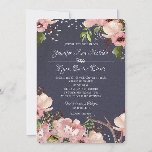 Convite Floral com Antlers Watercolor Wedding (Frente)