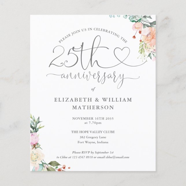 Convite Floral com Coração de 25º Aniversário Budg (Frente)