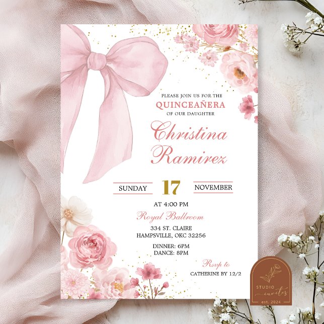 convite floral coquette laço rosa Quinceanera  (Criador carregado)