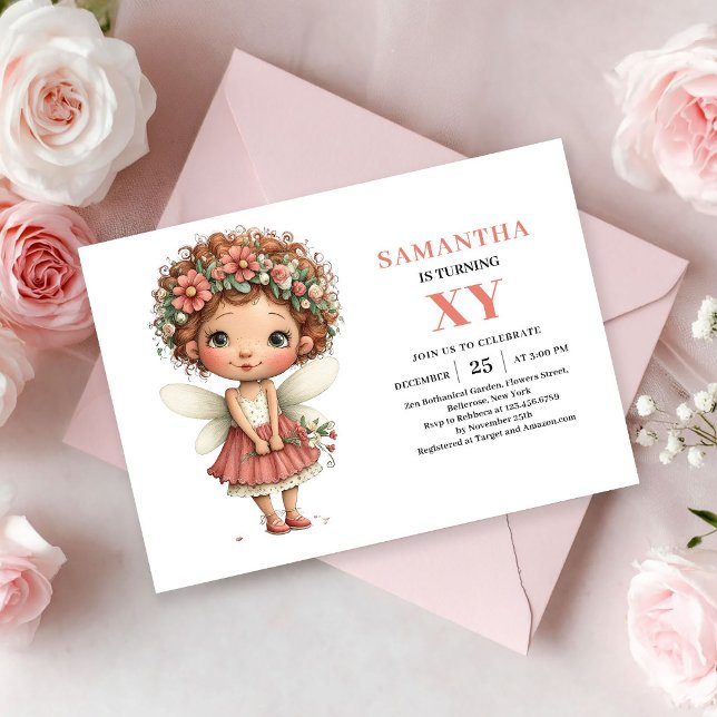 Convite Floral Cor-de-Rosa de Aniversário da Garot (Whimsical Fairy Girl Birthday Blush Floral invitation)