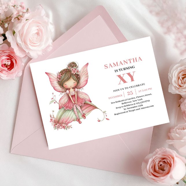 Convite Floral Cor-de-Rosa de Aniversário da Menin (Whimsy Fairy Girl Birthday Blush Floral Invitation)