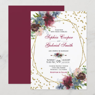Convite Floral cor-de-rosa Marinho Casamento Dourado
