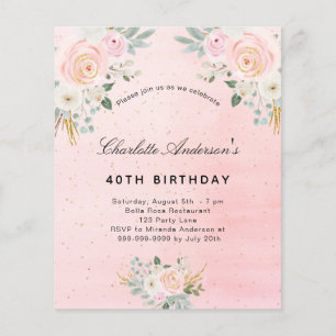 Convite floral cor-de-rosa para aniversário de or