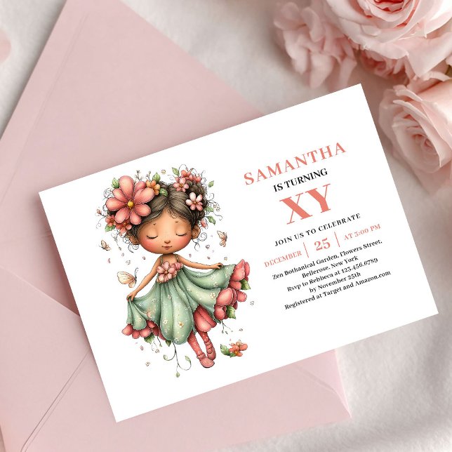Convite Floral Corado de Aniversário de Menina de  (Romantic Fairy Girl Birthday Blush Floral invitation)