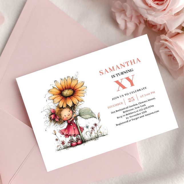 Convite Floral Corado para o 3º Aniversário da Gar (Cute Fairy Girl 3rd Birthday Blush Floral invitation)
