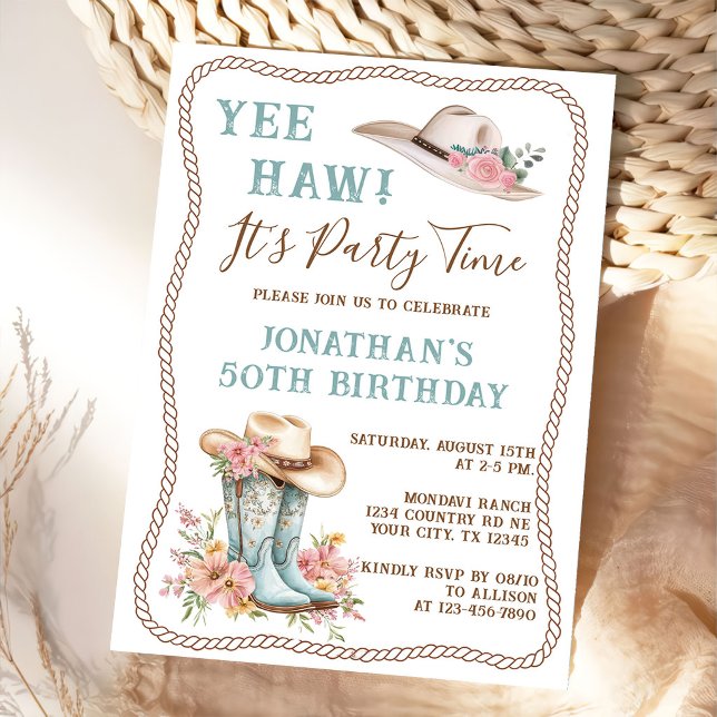 Convite Floral Cowgirl Boots and Hat Birthday Invitation  (Criador carregado)