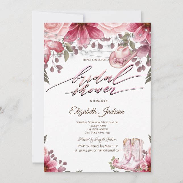 Convite Floral Cowgirl Boots Hat Lights Bridal Shower  (Frente)