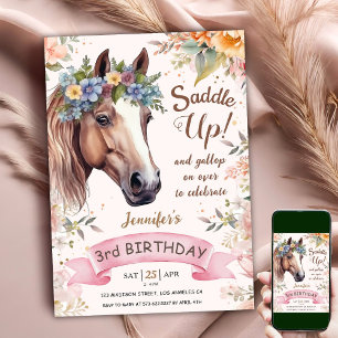 Convite Floral CowGirl Saddle Up Aniversário de 3