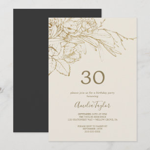 Convite Floral Creme e aniversário de 30 anos Dourado