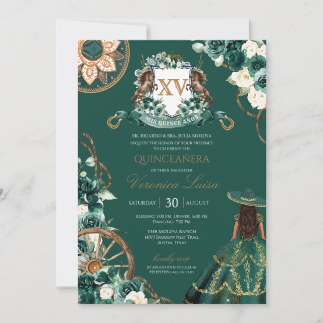 Convite Floral Crest Emerald Green Charro Quinceañera (Frente)