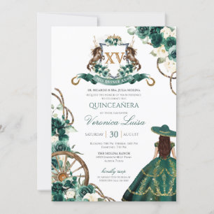 Convite Floral Crest Emerald Green Charro Quinceanera