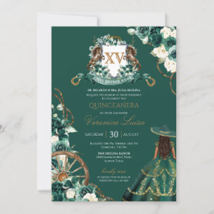 Convite Floral Crest Emerald Green Charro Quinceanera Invi