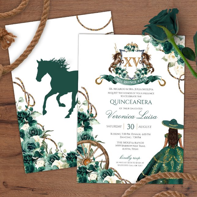 Convite Floral Crest Emerald Green Charro Quinceanera Invi (Criador carregado)