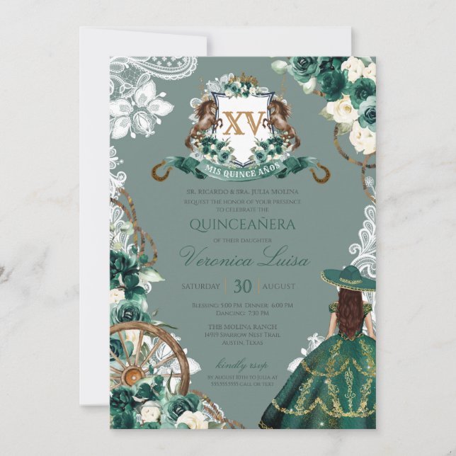 Convite Floral Crest Emerald Green Charro Quinceanera Invi (Frente)