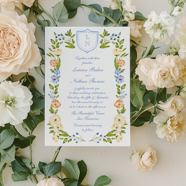 Convite Floral Crest Frame Wedding Invitation (Criador carregado)