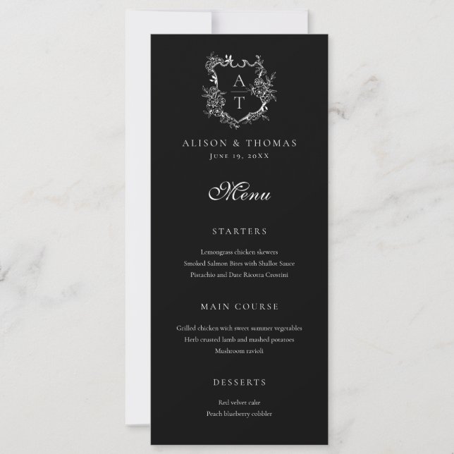 Convite Floral Crest Monogramas Menu Plano de Casamento (Frente)