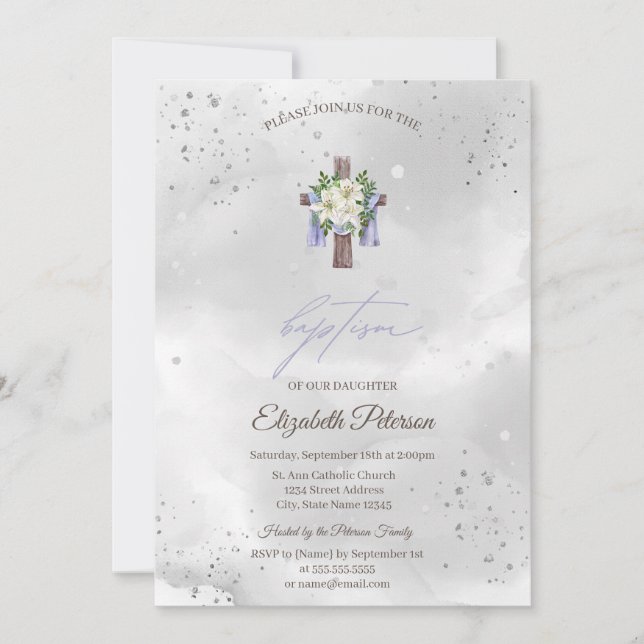 Convite Floral Cross Baptism (Frente)