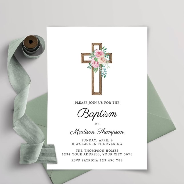 Convite Floral Cross Baptism (Criador carregado)