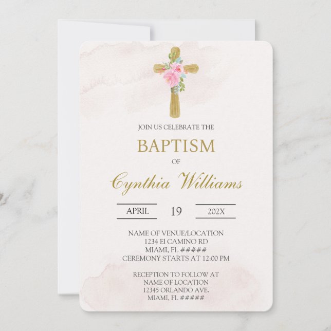 Convite Floral cross beige baptism (Frente)