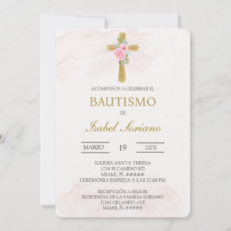 Convite Floral cross beige Spanish baptism