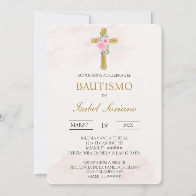 Convite Floral cross beige Spanish baptism (Frente)