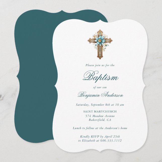 Convite Floral Cross Boy Baptism (Frente/Verso)