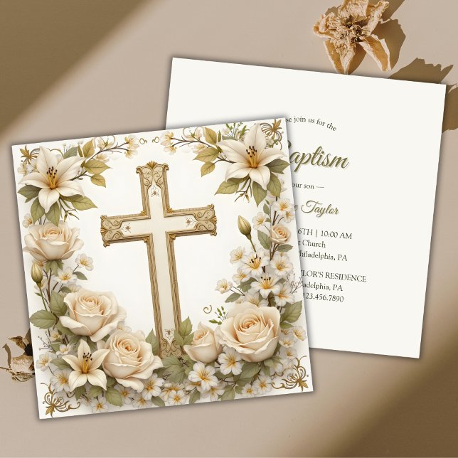 Convite Floral Cross Católica Baptism Christening (Floral Cross Catholic Baptism Christening Invitation)